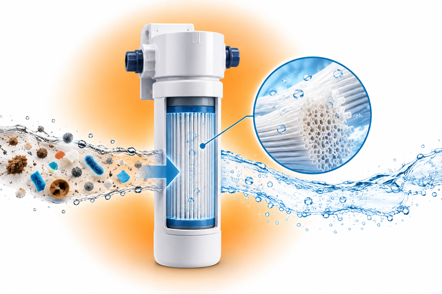 Illustrazione di un sistema di ultrafiltrazione dell'acqua con membrana a fibre cave che trattiene batteri, microplastiche e impurità.